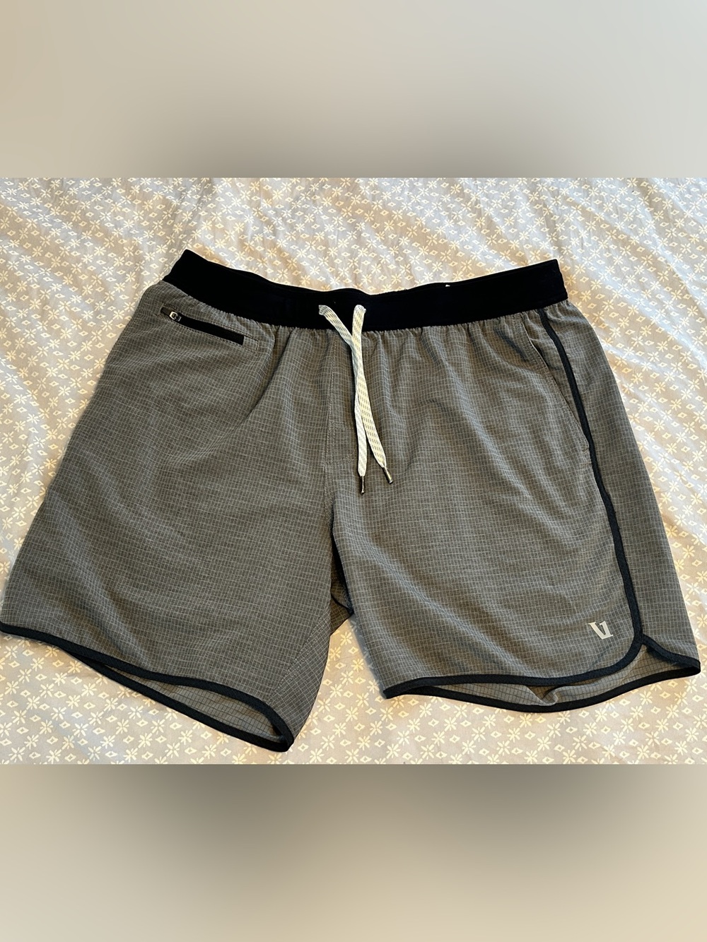 Vuori Stockton Gray Athletic Drawstring Shorts with Black Waistband